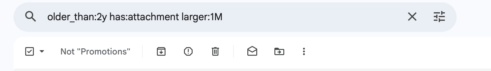 Gmail search bar with older_than:2y has:attachment larger:1M typed in