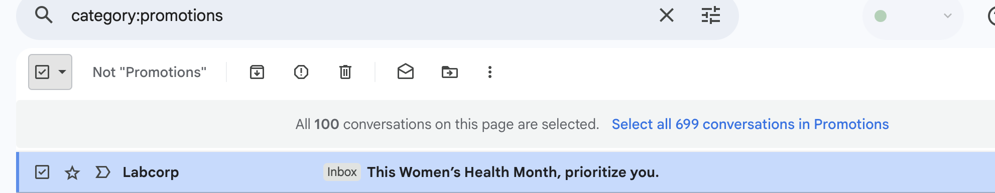 Gmail showing the “Select all 699 conversations” link after running a search